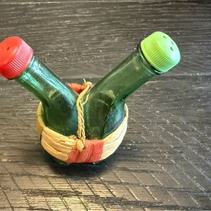 Vintage Green Glass Bottle Set with Red and Green Caps S&P set